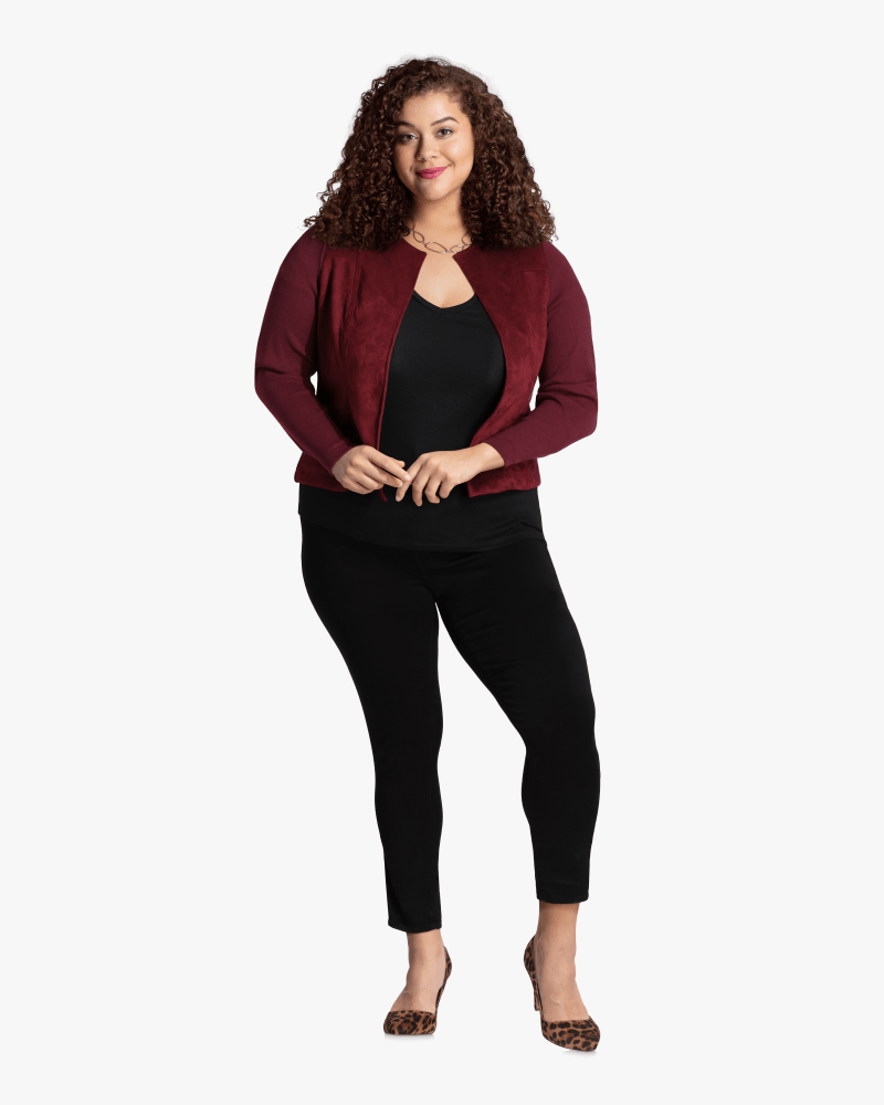 Plus size model with diamond body shape wearing Tamara Mixed Media Jacket by Addition Elle | Dia&Co | dia_product_style_image_id:115012